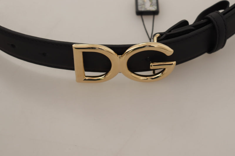 Black Leather Gold Metal DG Logo Waist Buckle Belt