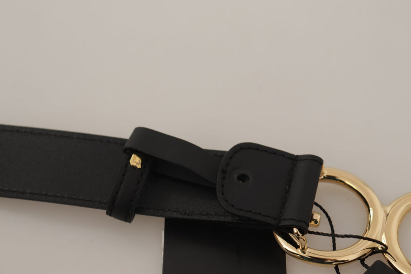 Black Leather Gold Metal DG Logo Waist Buckle Belt