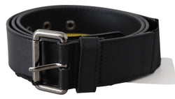 Black Yellow Lining Silver Buckle Waist Genuine LeatherBelt