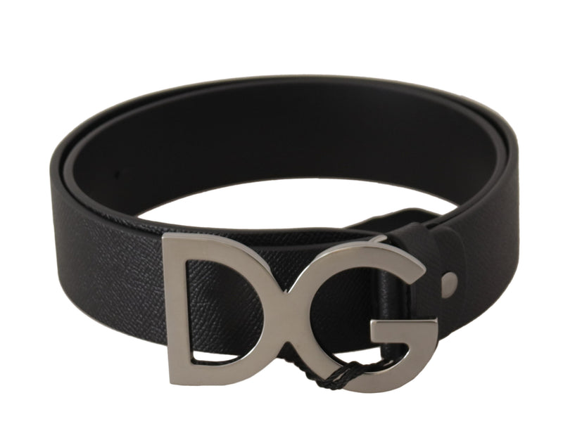 Black Leather Silver DG Logo Metal Buckle Belt