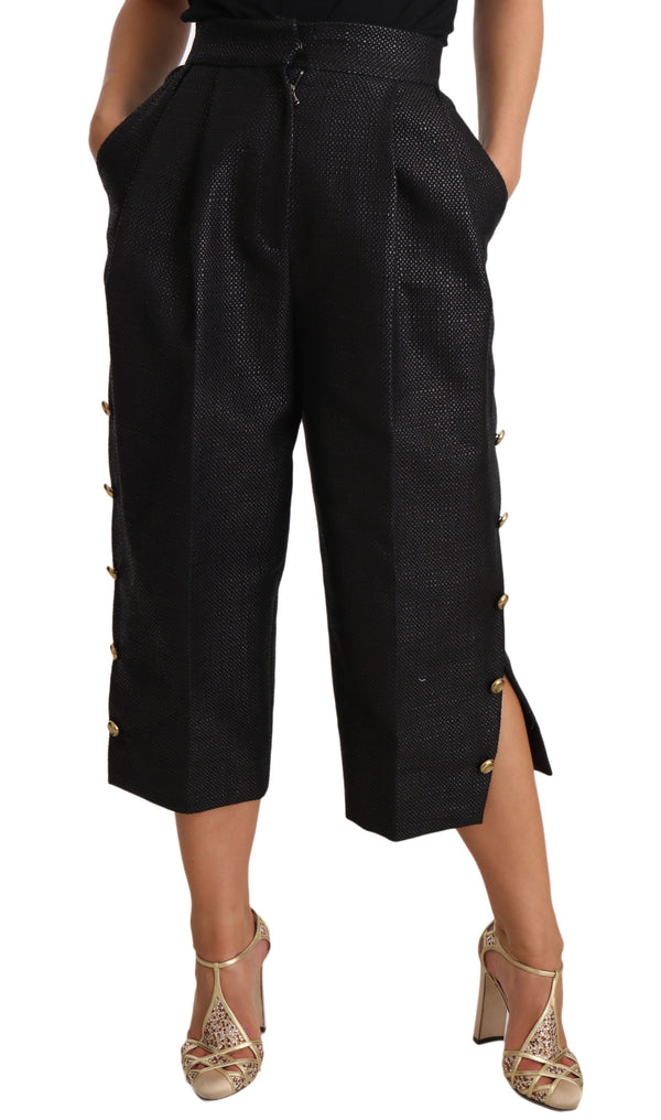 Black Side Buttons Cotton Cropped Pants