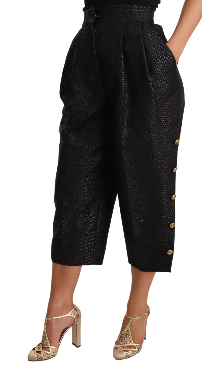 Black Side Buttons Cotton Cropped Pants