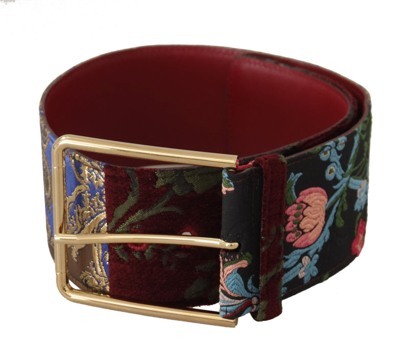 Red Embroidered Leather Gold Logo Metal Buckle Belt