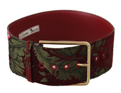 Red Embroidered Leather Gold Logo Metal Buckle Belt