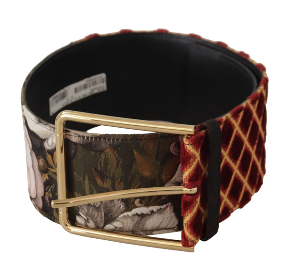 Multicolor Wide Leather Floral Gold Metal Buckle Belt