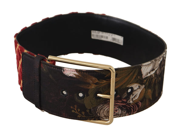 Multicolor Wide Leather Floral Gold Metal Buckle Belt