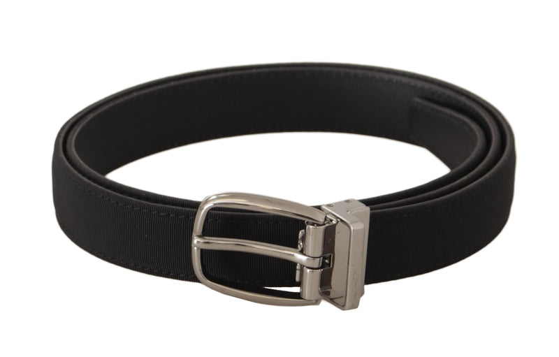 Black Calf Canvas Silver Tone Logo Metal Belt