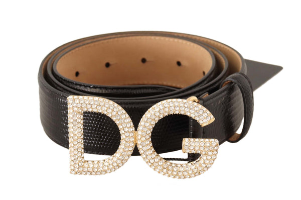 Black Exotic Leather DG Logo Crystal Buckle Belt