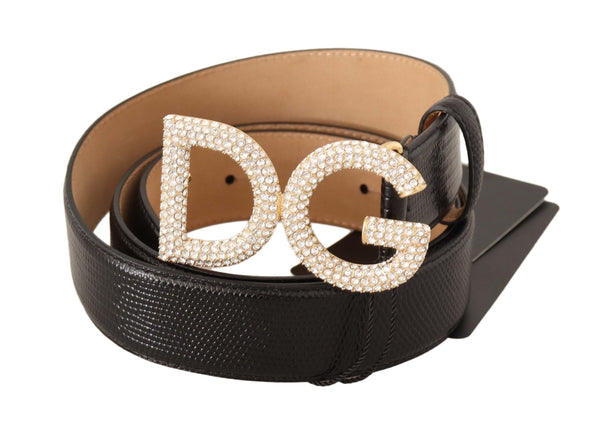 Black Exotic Leather DG Logo Crystal Buckle Belt