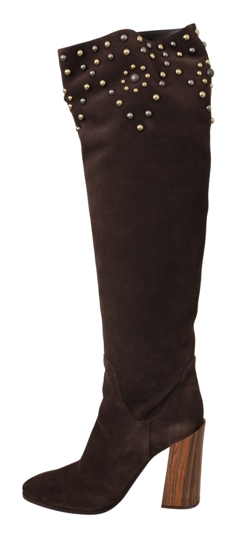 Brown Suede Studded Knee High Shoes Boots