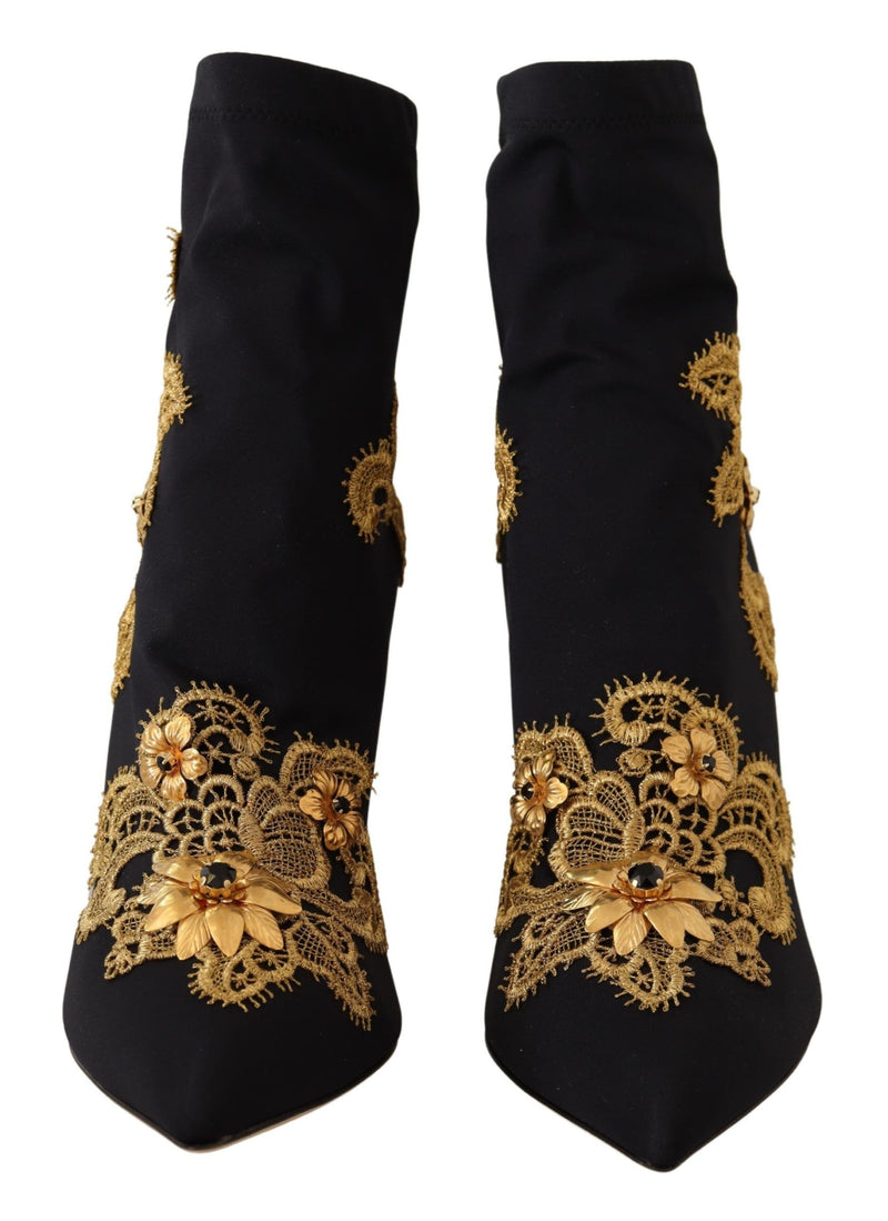 Black Textile Embroidery Ankle Boots Shoes