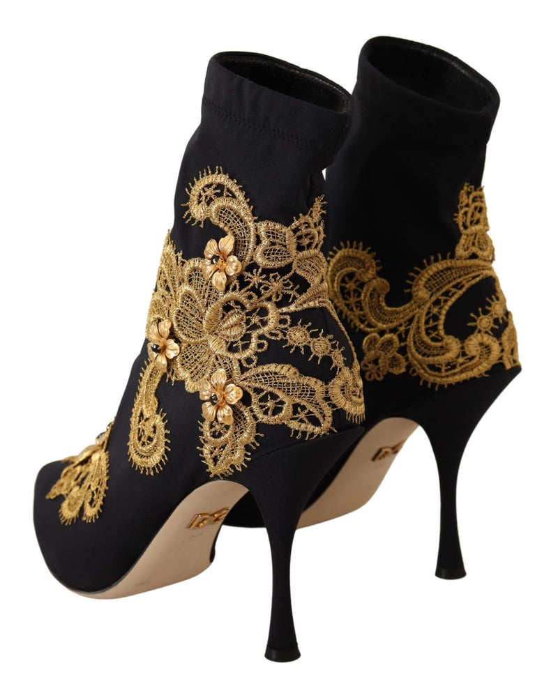 Black Textile Embroidery Ankle Boots Shoes