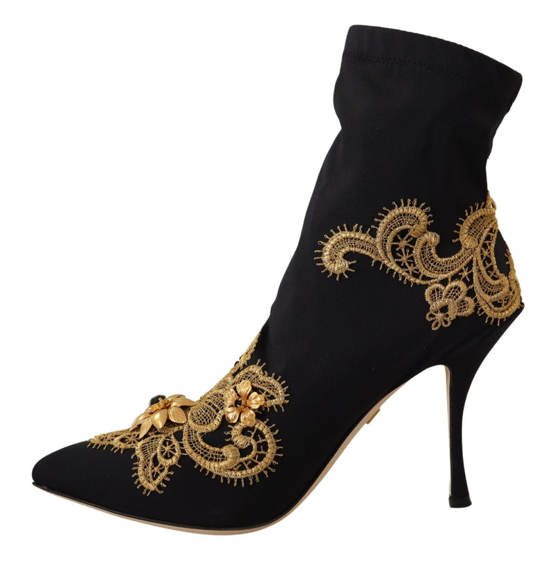 Black Textile Embroidery Ankle Boots Shoes