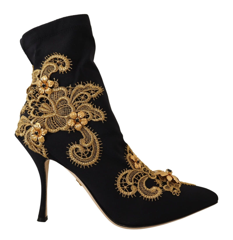 Black Textile Embroidery Ankle Boots Shoes