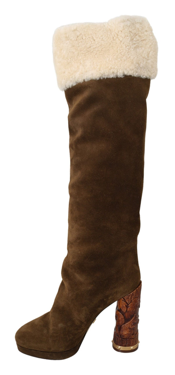 Brown Suede Shearling Knee High Boots Shoes