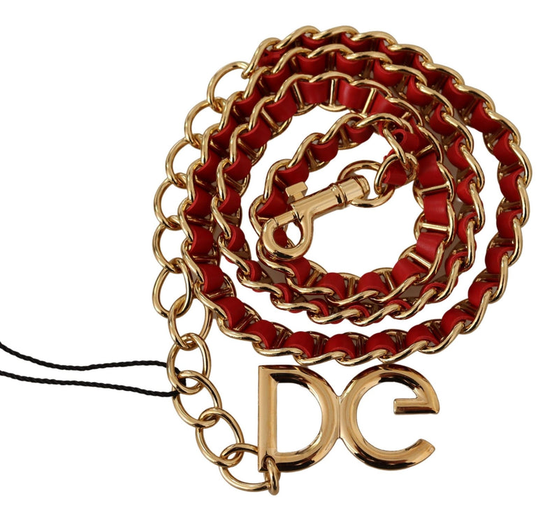 Red Leather Gold Tone DG Logo Waist Chain Belt