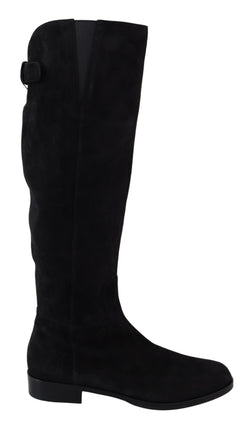 Black Suede Knee High Flat Boots Shoes