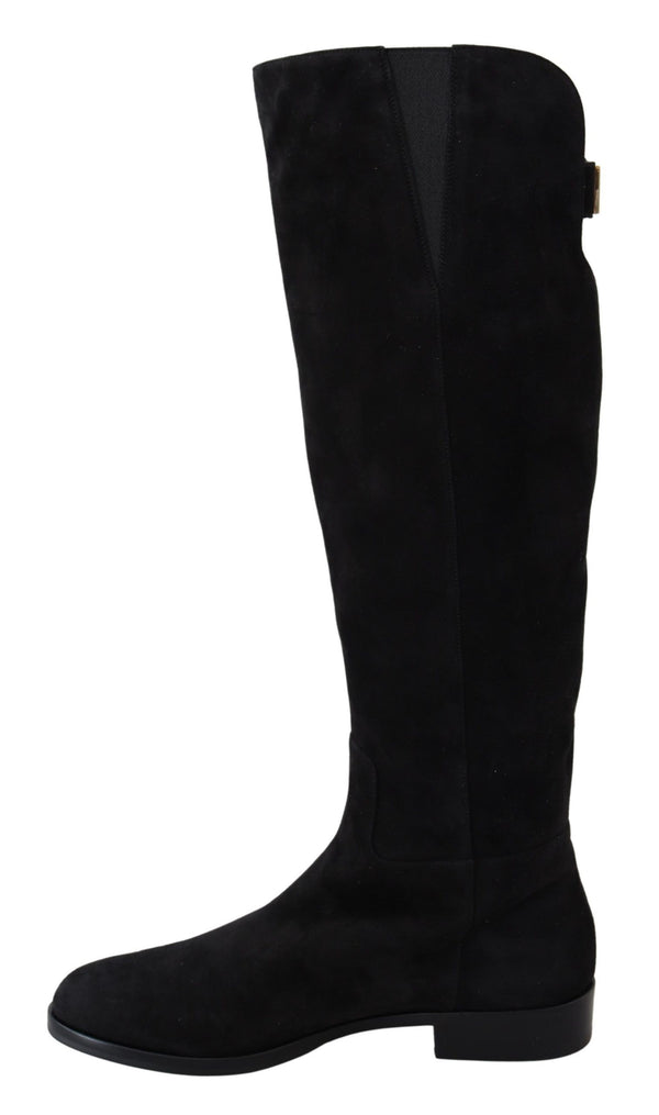 Black Suede Knee High Flat Boots Shoes