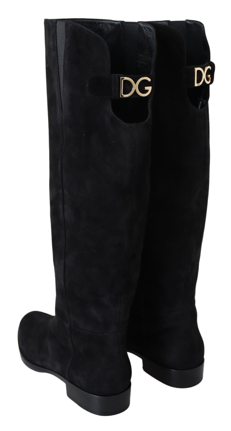 Black Suede Knee High Flat Boots Shoes