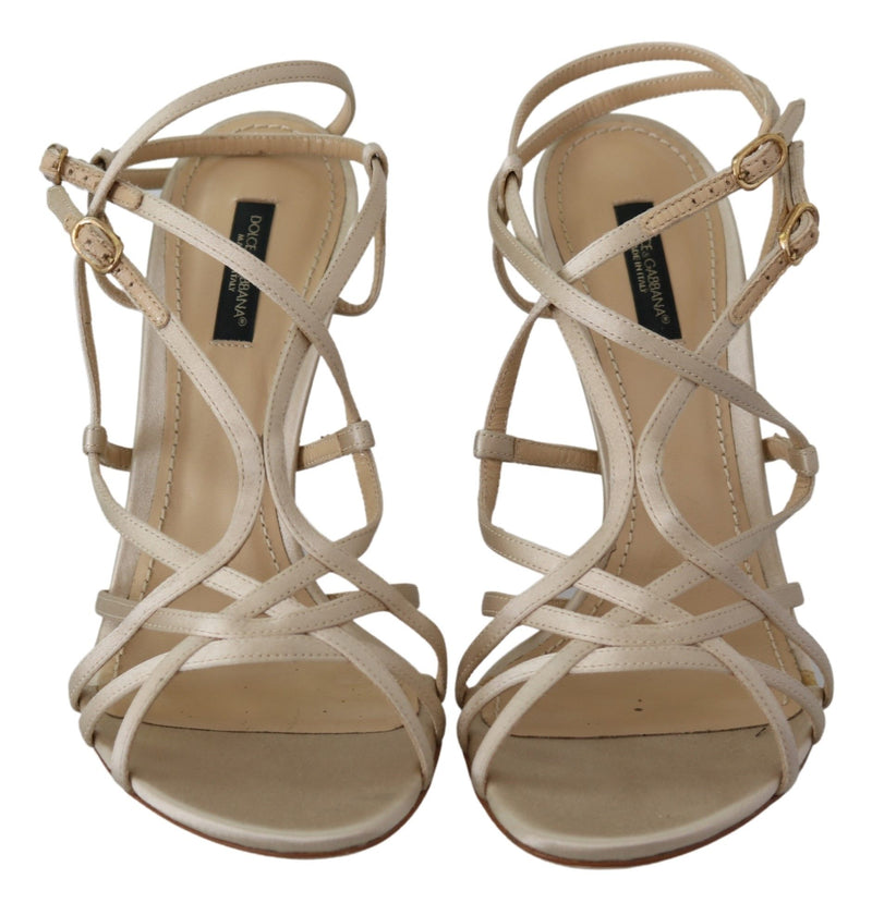 Beige Leather Ankle Strap Heels Sandals Shoes