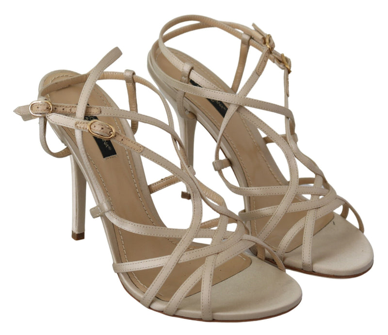 Beige Leather Ankle Strap Heels Sandals Shoes