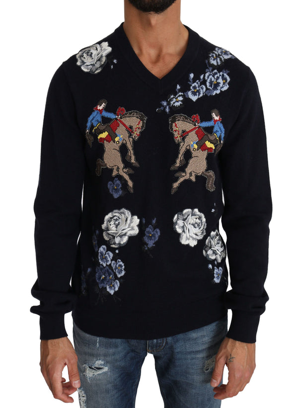 Blue Cowboy Roses V-neck Cashmere Sweater