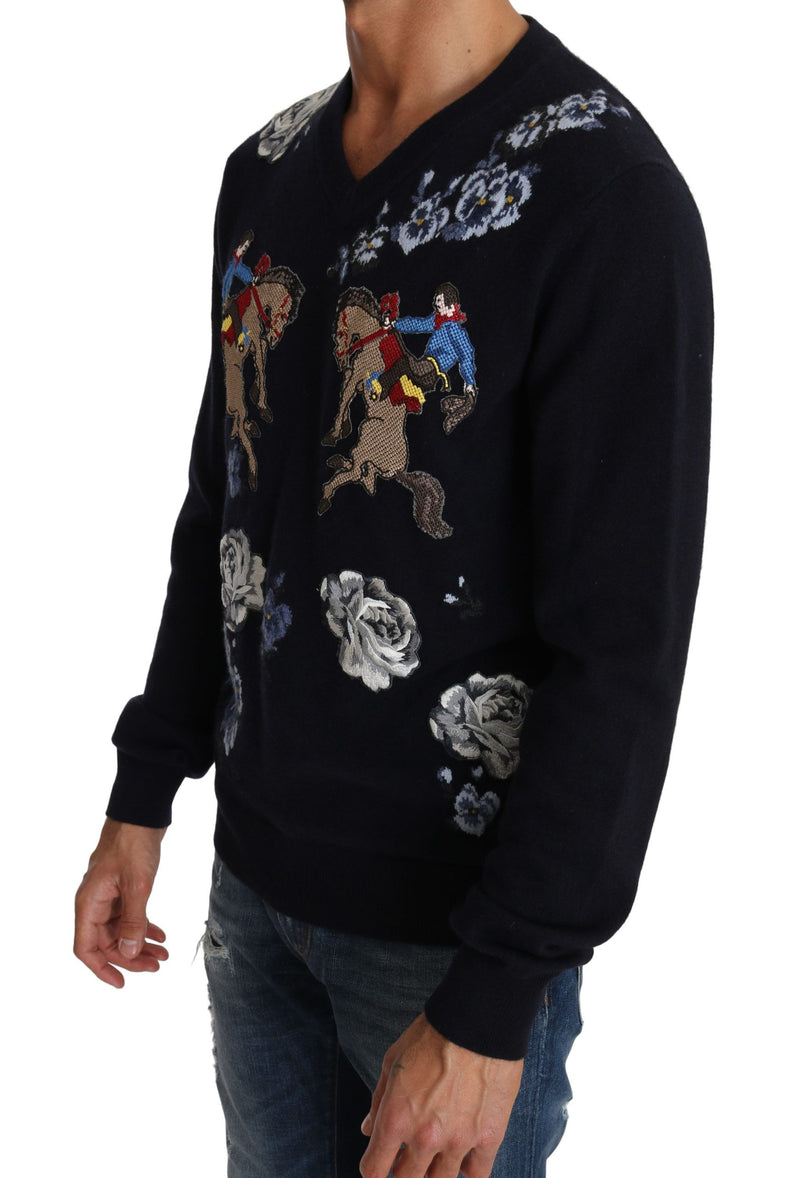 Blue Cowboy Roses V-neck Cashmere Sweater