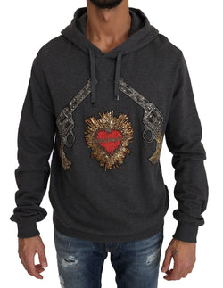 Gray Hooded Red Crystal Heart Gun Sweater