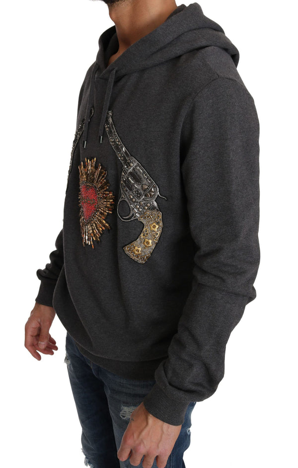 Gray Hooded Red Crystal Heart Gun Sweater