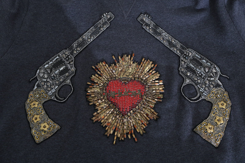 Gray Hooded Red Crystal Heart Gun Sweater