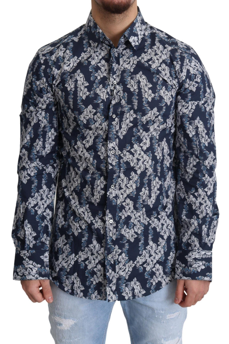 Blue Floral Pattern Cotton Button Down Shirt