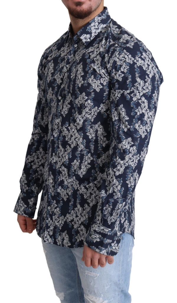 Blue Floral Pattern Cotton Button Down Shirt