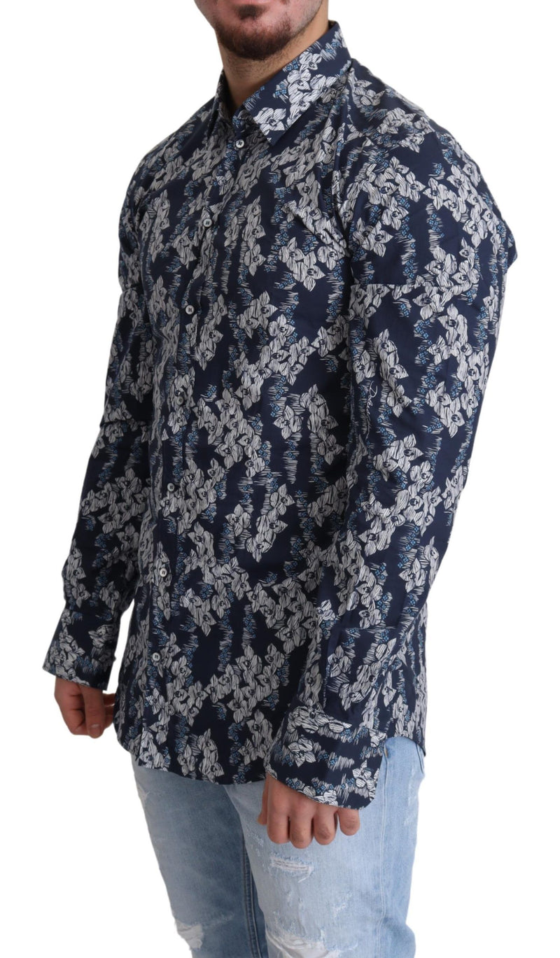 Blue Floral Pattern Cotton Button Down Shirt