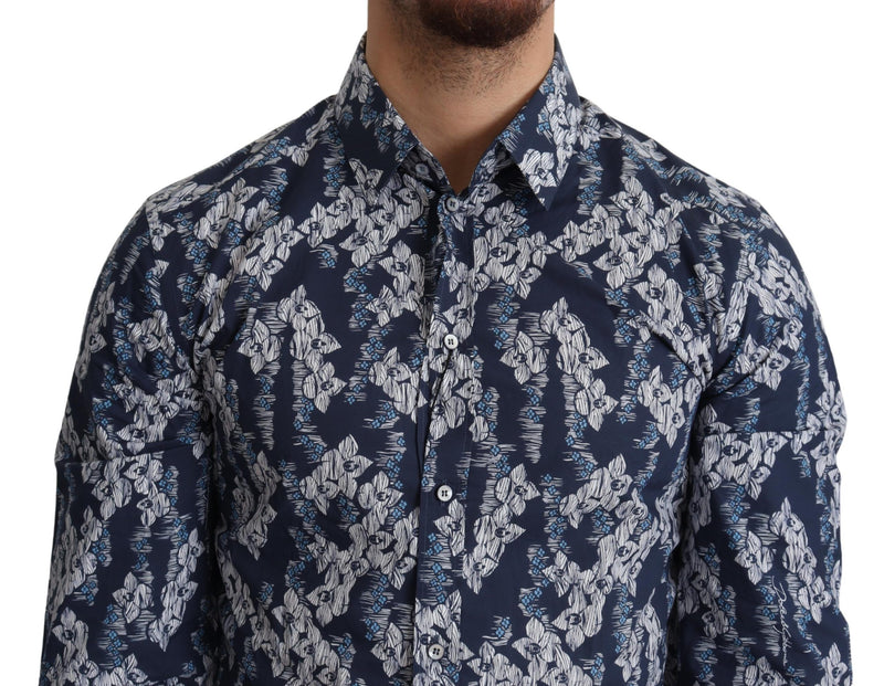 Blue Floral Pattern Cotton Button Down Shirt