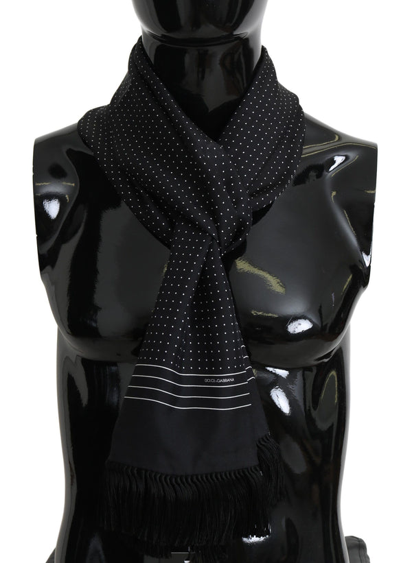 Scarf Black Dotted Silk Neck Wrap Fringes