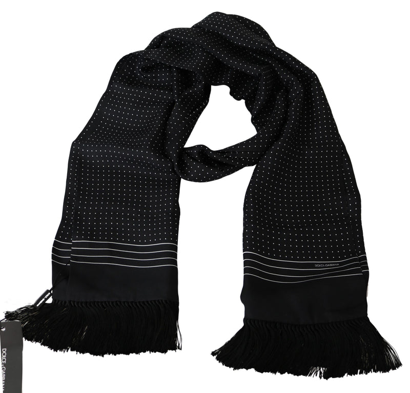 Scarf Black Dotted Silk Neck Wrap Fringes