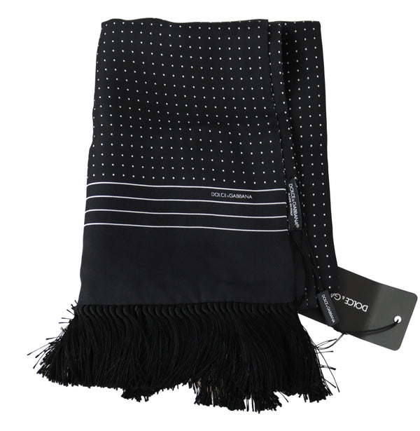 Scarf Black Dotted Silk Neck Wrap Fringes