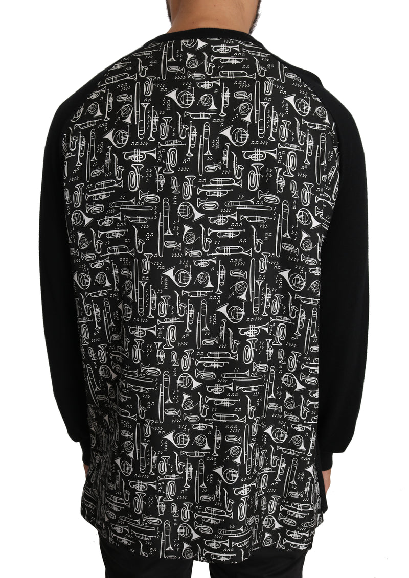 Black Cashmere Music Print Pullover Sweater