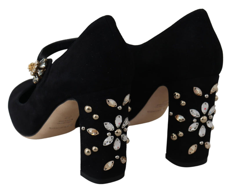 Black Suede Crystal Heels Mary Jane Shoes