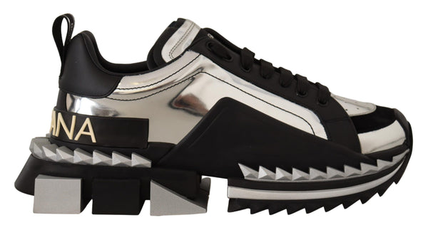 Black Leather Sneakers Mens SUPER KING Silver Shoes