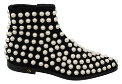 Black Suede Pearl Studs Boots Shoes