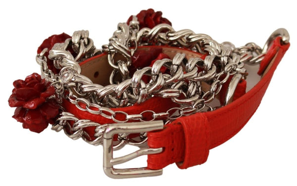 Red Leather Roses Floral Silver Waist Belt