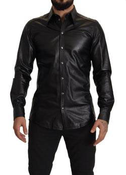 Black Leather Button Down Long Sleeves Shirt