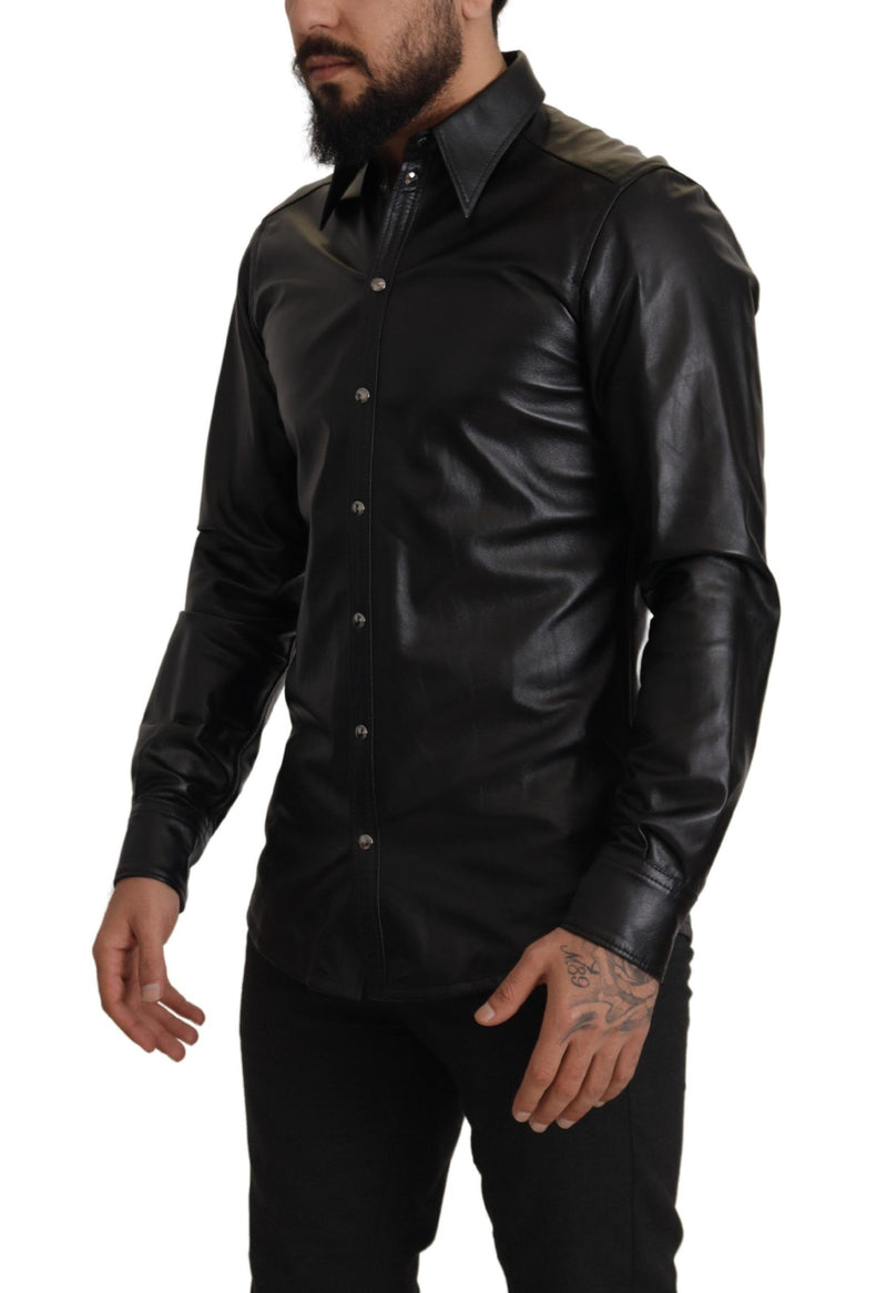 Black Leather Button Down Long Sleeves Shirt