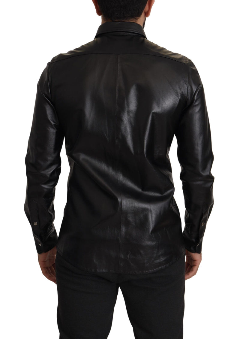 Black Leather Button Down Long Sleeves Shirt