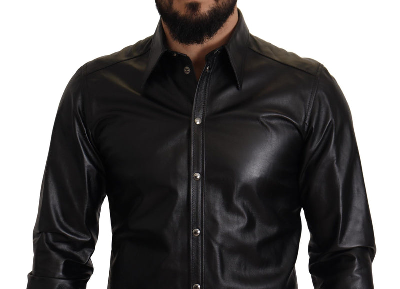 Black Leather Button Down Long Sleeves Shirt