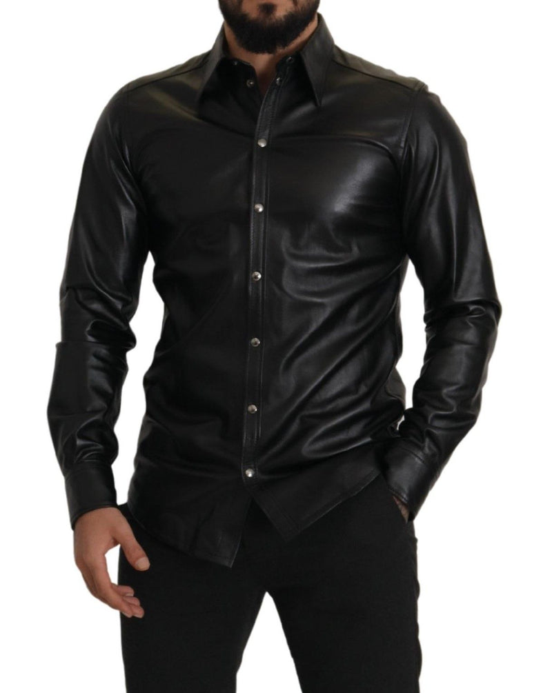 Black Leather Button Down Long Sleeves Shirt