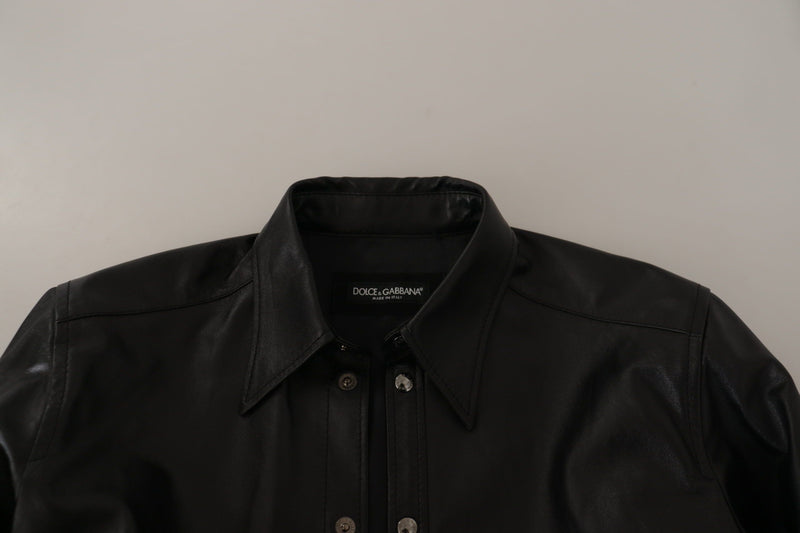 Black Leather Button Down Long Sleeves Shirt