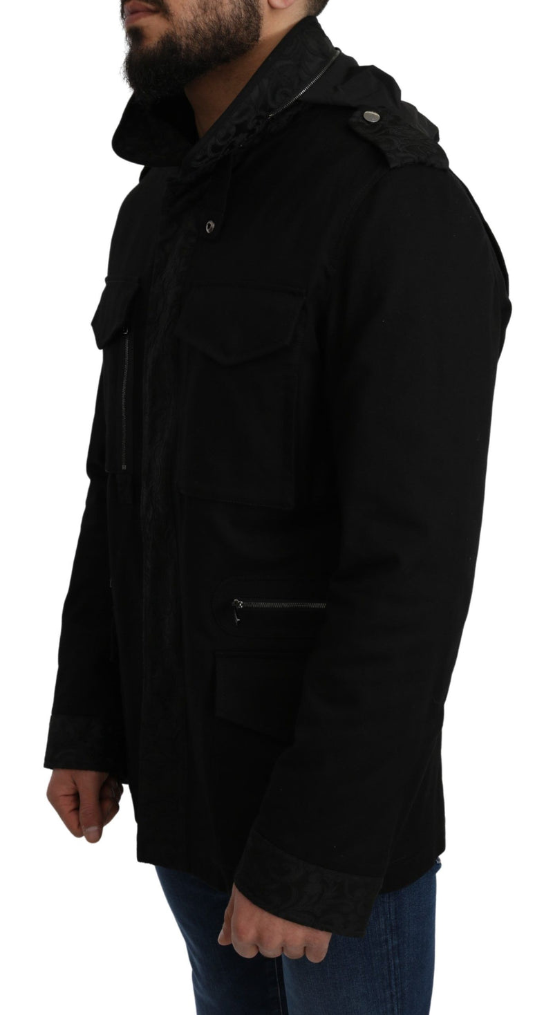 Black Solid Jacquard Coat Hooded Jacket