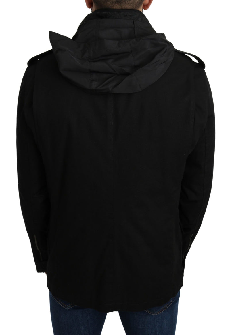 Black Solid Jacquard Coat Hooded Jacket